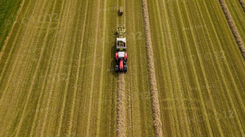 Tractor with a straw baler in a field