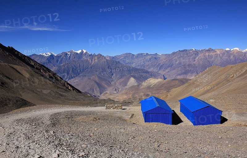 Scene on the trekking route from Thorung La mountain pass to Muktinath. Annapurna Conservation Area, Nepal, Asia
