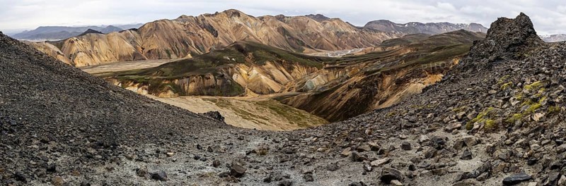 Rhyolite mountains, lava scree, panoramic view, Landmannalaugar, Fjallabak nature reserve, highlands, Iceland, Europe