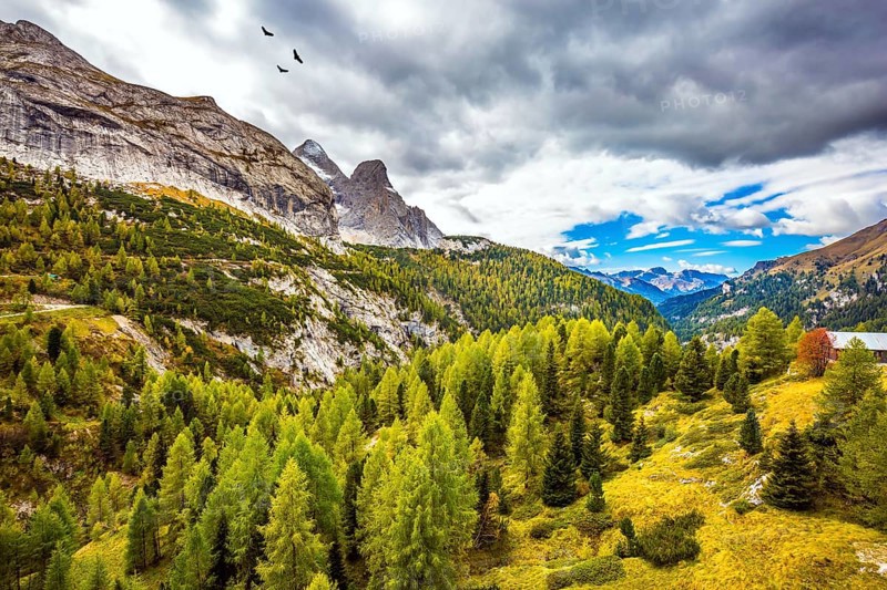 Autumn day. The shores of the glacial lake in the Dolomites. On the mountain slopes there is a coniferous forest