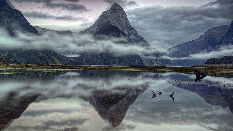 Milford Sound, fog, reflection, lake, South Island, mountains, New Zealand, Milford Sound, South Island, New Zealand, Oceania