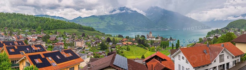 Spiez Switzerland, panorama city skyline at Lake Thun (Thunersee)