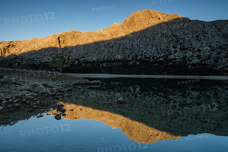 Gorg Blau reservoir, sunrise lighting, Puig de Ses Vinyes and Puig Major, Escorca, Majorca, Balearic Islands, Spain, Europe