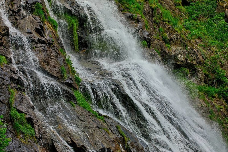 Close-up of a waterfall flowing over moss-covered rocks and conveying freshness, waterfall, Todtnau, Black Forest, Baden- Württemberg