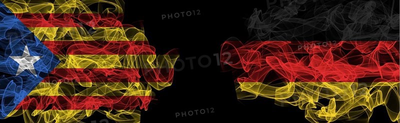 Flags of Catalonia and Germany on Black background, Catalonia vs Germany Smoke Flags