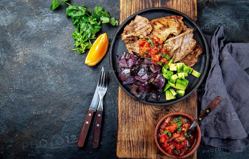 Food, Food, Yucatan Mexican Food Pork POC CHUC poc chuck. Pork marinaded in orange juice served with avocado, purple onion and rustic tomato sauce