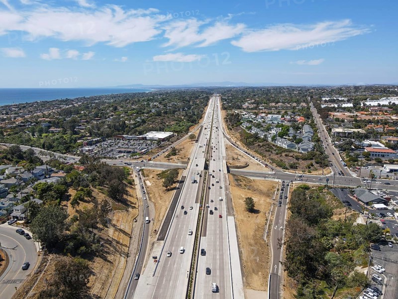 Aerial view of highway transportation with small traffic, highway interchange and junction, San Diego Freeway interstate 5, California