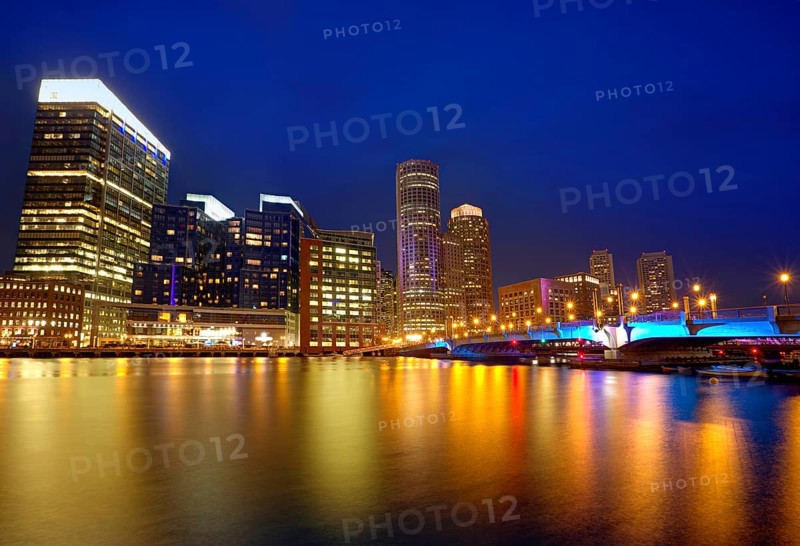 Boston sunset skyline from Fan Pier in Massachusetts USA