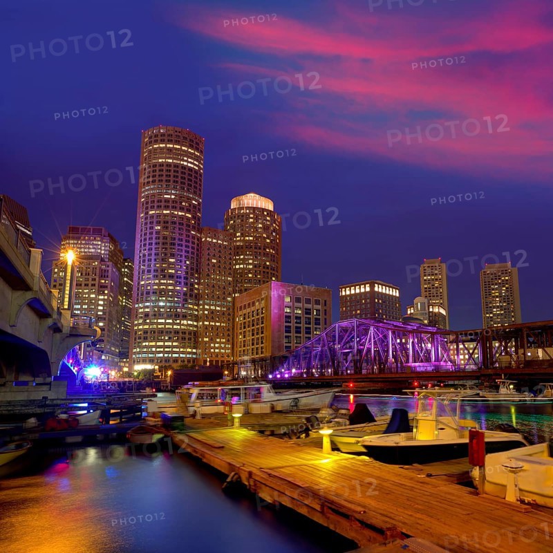 Boston sunset skyline from Fan Pier in Massachusetts USA