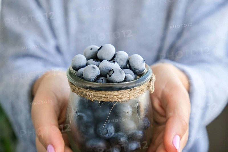 Woman holding bowl with Frozen blueberry fruits. Harvesting concept. Female hands collecting berries. Healthy eating concept. Stocking up berries for winter Vegetarian vegan food. Dieting nutrition
