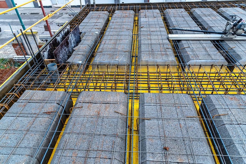 Detail of reinforced concrete slab with lightweight concrete blocks under construction