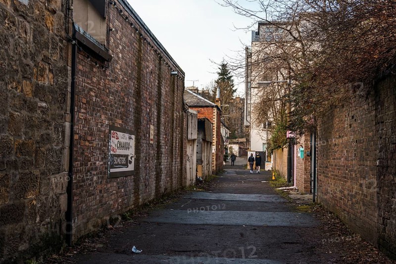 Glasgow, UK, December 6, 2023: View of Ruthven Lane in the West End of Glasgow. It is a trendy area with pubs, shops and restaurants close to the University of Glasgow
