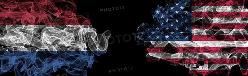 Flags of Netherlands and USA on Black background, Netherlands vs USA Smoke Flags