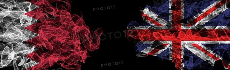 Flags of Bahrain and the United Kingdom on a black background, Bahrain vs United Kingdom Smoke Flags