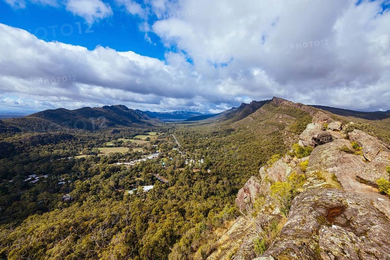 Iconic views from Chatauqua Peak over Halls Gap and surrounds on a warm autumn sunny day in Victoria, Australia, Oceania