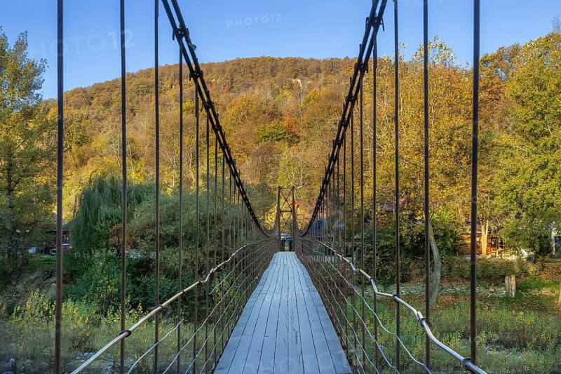 Suspension pedestrian bridge across the river Belaya, Kamennomostsky, Russia, Europe