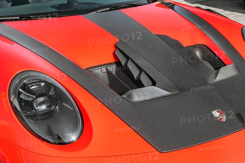 Bonnet, Red Porsche GT3 RS, Porsche Centre Allgäu on the Volkswagen-Seitz site, Kempten, Allgäu, Swabia, Bavaria, Germany, Europe