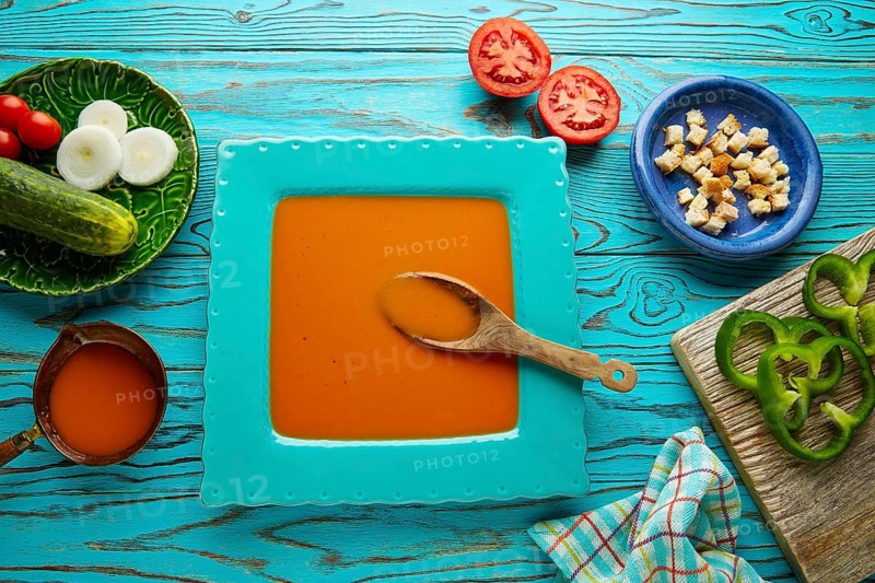Gazpacho andaluz is a fresh tomato soup and vegetables of Andalusian Spain