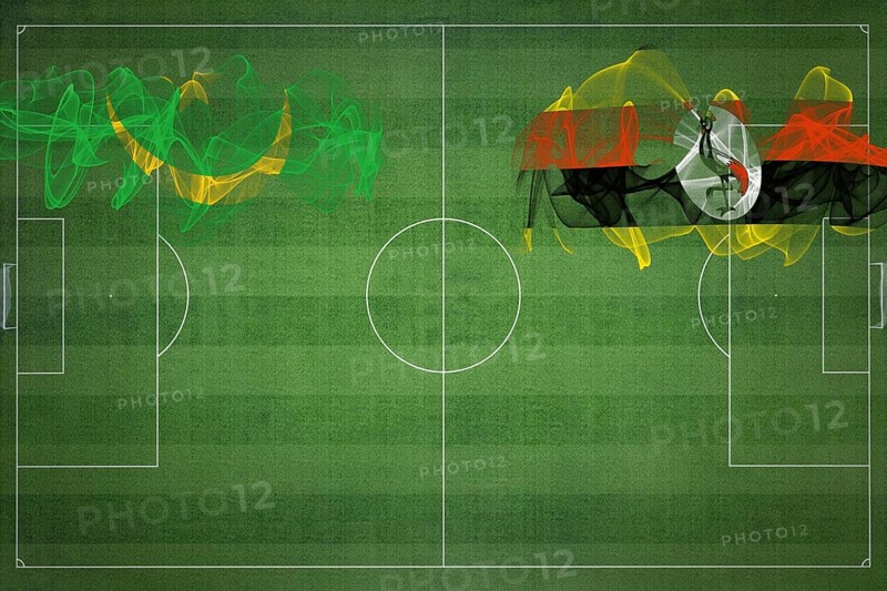 Mauritania vs Uganda Soccer Match, national colors, national flags, soccer field, football game, Competition concept, Copy space