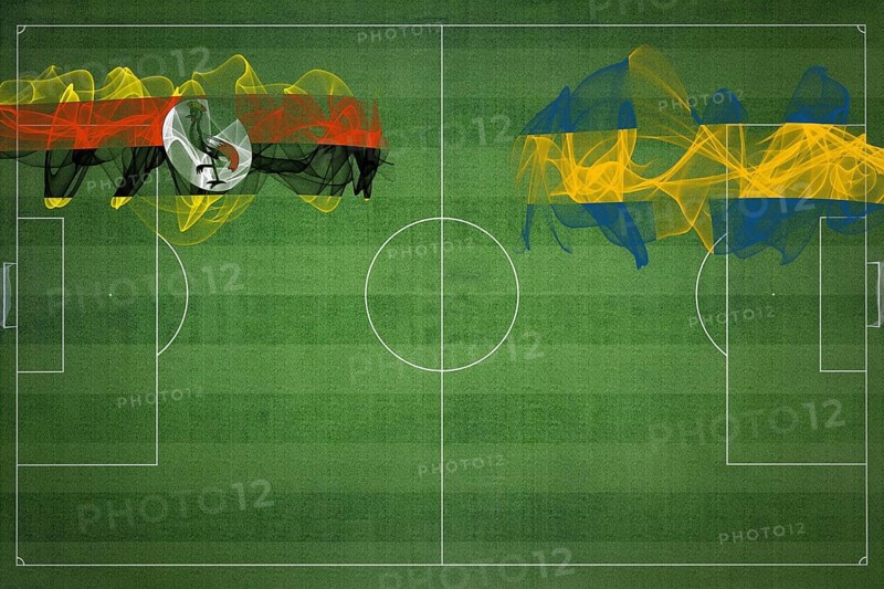 Uganda vs Sweden Soccer Match, national colors, national flags, soccer field, football game, Competition concept, Copy space