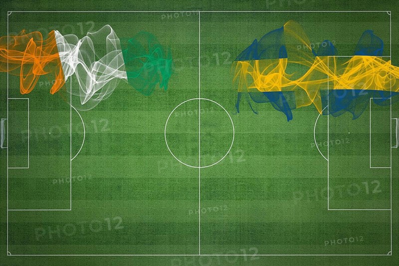 Ivory Coast vs Sweden Soccer Match, national colors, national flags, soccer field, football game, Competition concept, Copy space
