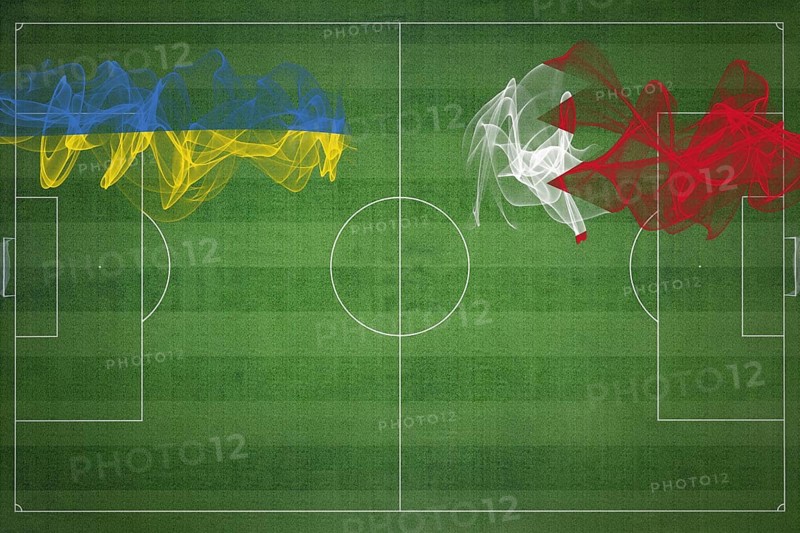 Ukraine vs Bahrain Soccer Match, national colors, national flags, soccer field, football game, Competition concept, Copy space