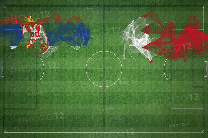 Serbia vs Bahrain Soccer Match, national colors, national flags, soccer field, football game, Competition concept, Copy space