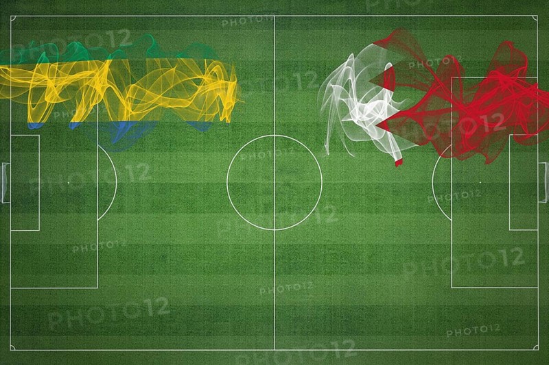 Gabon vs Bahrain Soccer Match, national colors, national flags, soccer field, football game, Competition concept, Copy space