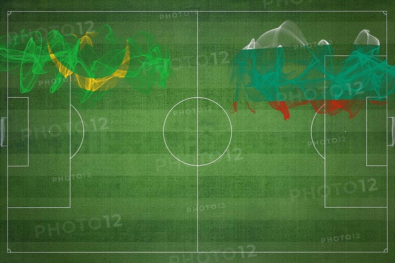 Mauritania vs Bulgaria Soccer Match, national colors, national flags, soccer field, football game, Competition concept, Copy space