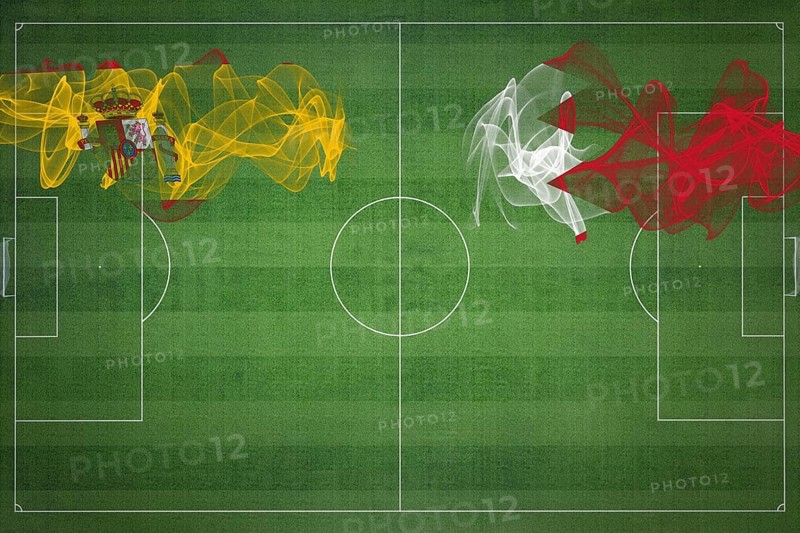 Spain vs Bahrain Soccer Match, national colors, national flags, soccer field, football game, Competition concept, Copy space