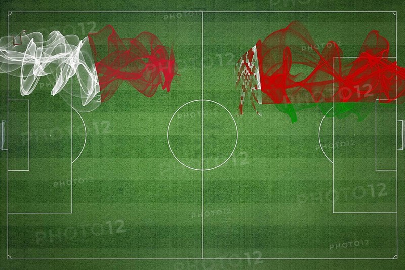 Malta vs Belarus Soccer Match, national colors, national flags, soccer field, football game, Competition concept, Copy space
