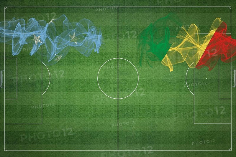 Micronesia vs Congo Soccer Match, national colors, national flags, soccer field, football game, Competition concept, Copy space
