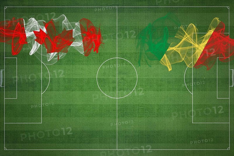 Canada vs Congo Soccer Match, national colors, national flags, soccer field, football game, Competition concept, Copy space