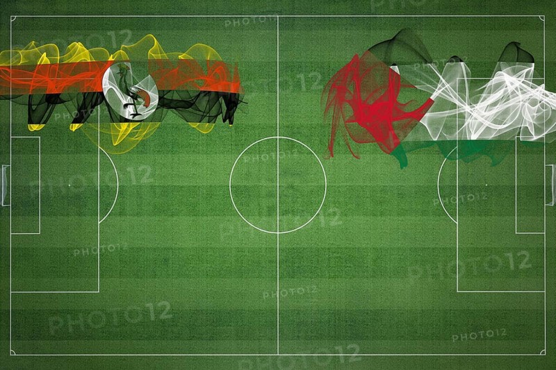 Uganda vs Palestine Soccer Match, national colors, national flags, soccer field, football game, Competition concept, Copy space