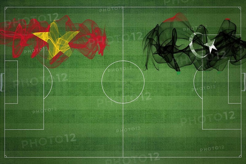 Vietnam vs Libya Soccer Match, national colors, national flags, soccer field, football game, Competition concept, Copy space