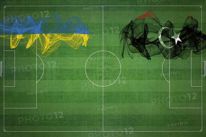 Ukraine vs Libya Soccer Match, national colors, national flags, soccer field, football game, Competition concept, Copy space