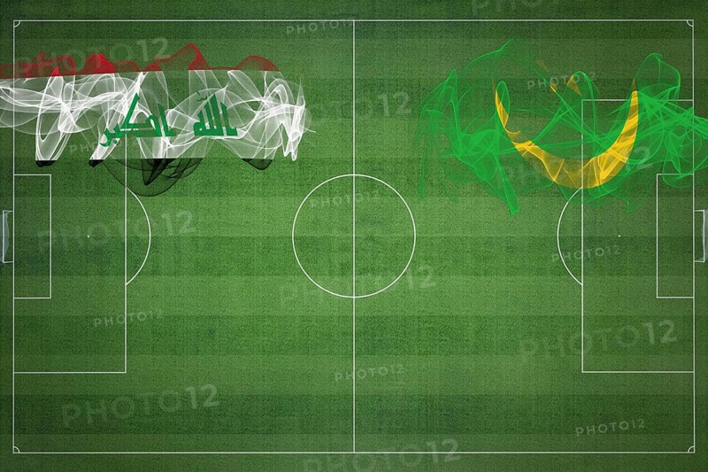 Iraq vs Mauritania Soccer Match, national colors, national flags, soccer field, football game, Competition concept, Copy space