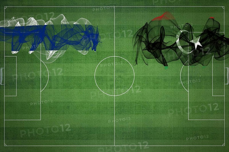 Thailand vs Libya Soccer Match, national colors, national flags, soccer field, football game, Competition concept, Copy space