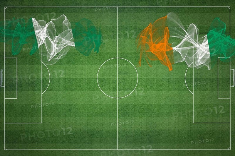 Nigeria vs Ivory Coast Soccer Match, national colors, national flags, soccer field, football game, Competition concept, Copy space