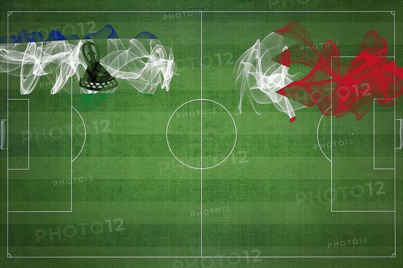 Lesotho vs Bahrain Soccer Match, national colors, national flags, soccer field, football game, Competition concept, Copy space