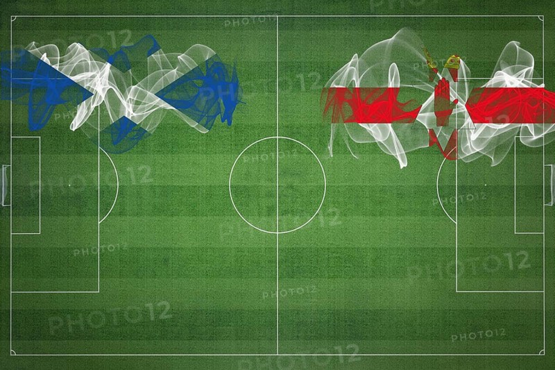 Scotland vs Northern Ireland Soccer Match, national colors, national flags, soccer field, football game, Competition concept, Copy space