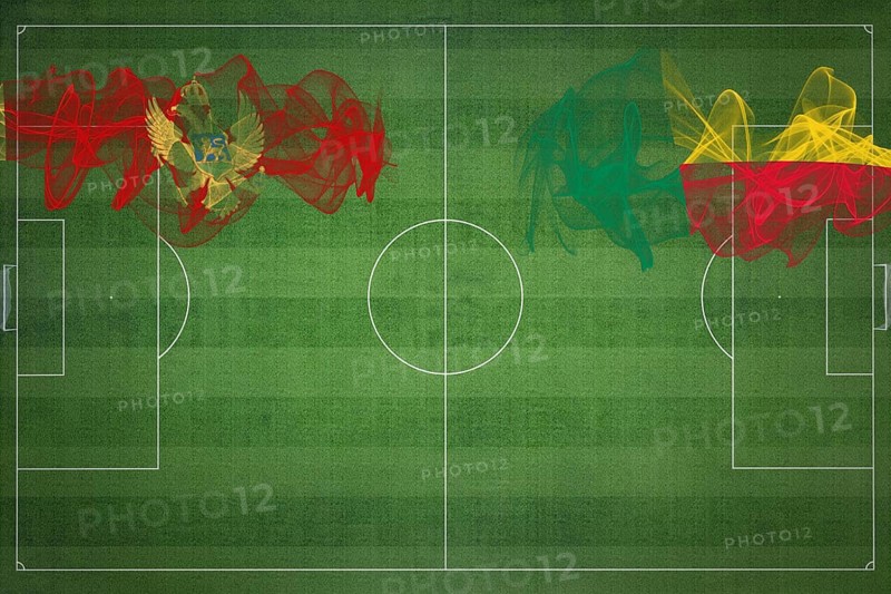 Montenegro vs Benin Soccer Match, national colors, national flags, soccer field, football game, Competition concept, Copy space