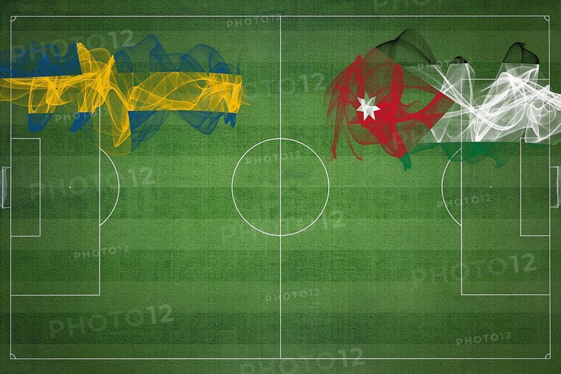 Sweden vs Jordan Soccer Match, national colors, national flags, soccer field, football game, Competition concept, Copy space