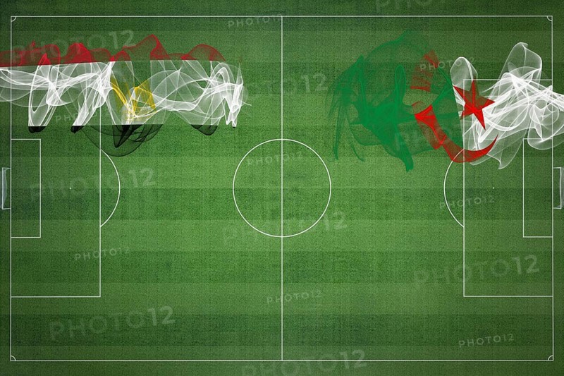 Egypt vs Algeria Soccer Match, national colors, national flags, soccer field, football game, Competition concept, Copy space