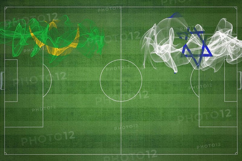 Mauritania vs Israel Soccer Match, national colors, national flags, soccer field, football game, Competition concept, Copy space