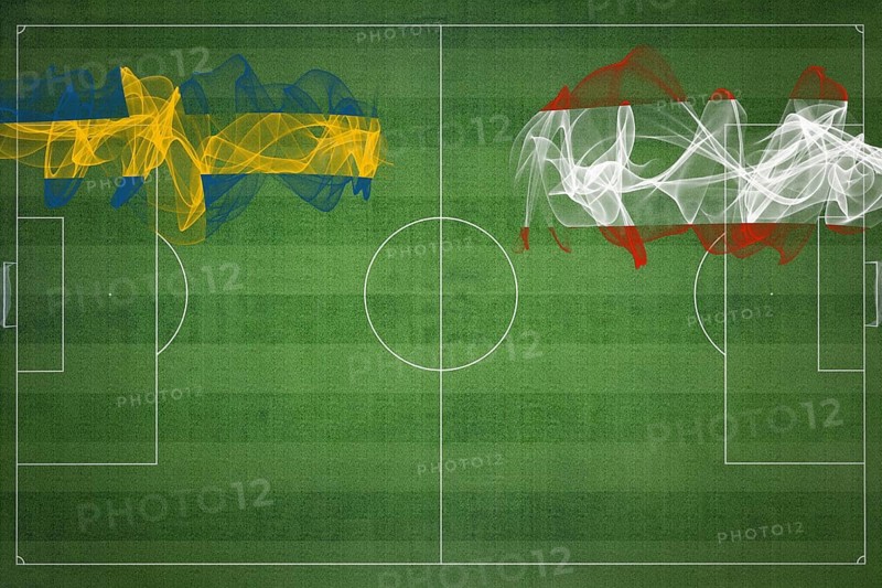 Sweden vs Austria Soccer Match, national colors, national flags, soccer field, football game, Competition concept, Copy space