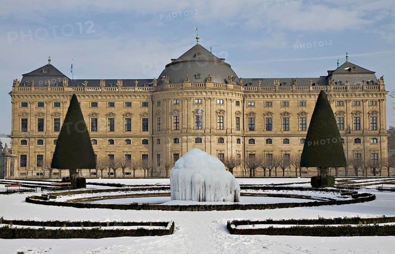 Ice fountain, Würzburg Residence in winter, Bavaria, Germany, Würzburg World Heritage Site, Germany, Europe