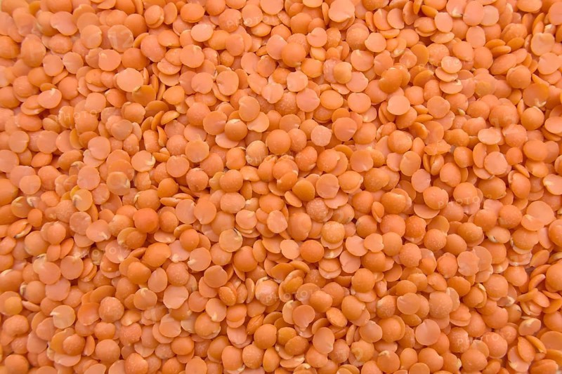 Red Split Lentils in Yellow Bowl, Healthy Legume, Vegan Food, Closeup, Full Frame, Top View