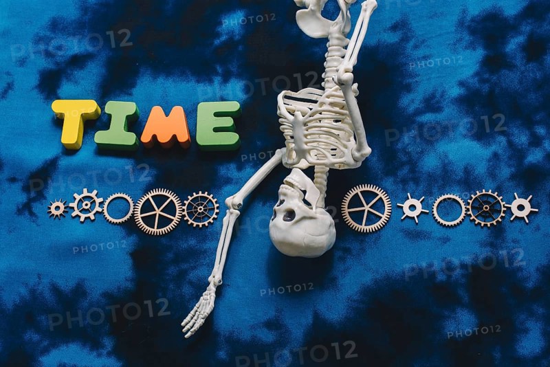 Time wording, cogwheels and artificial skeleton as time concept