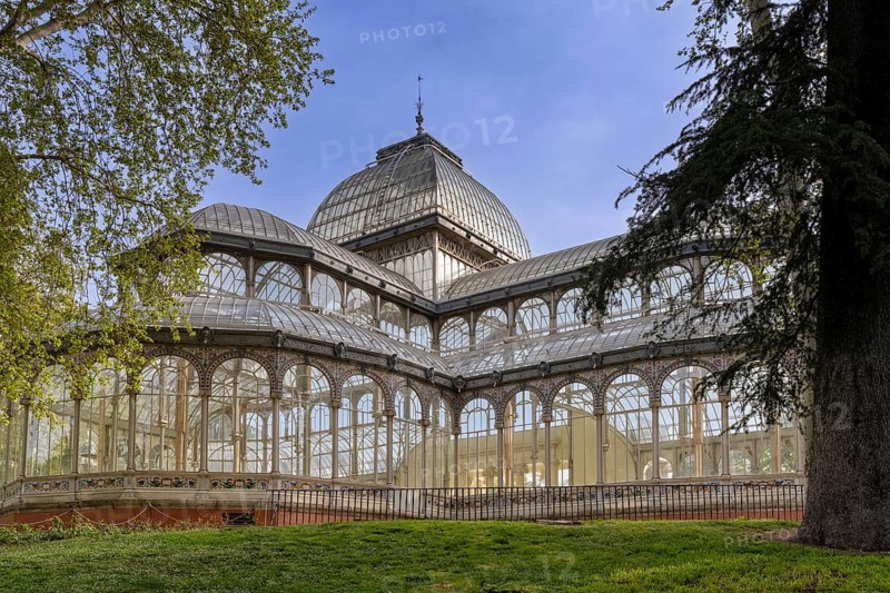 Madrid, Spain, 6 April, 2024: view of the Crystal Palace in the El Retiro Park in downtown Madrid, Europe
